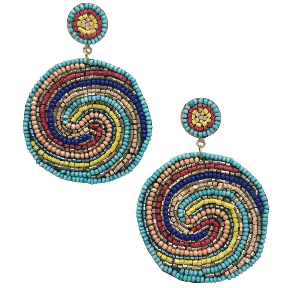 Seed Bead Wave Multicolor Wave Disk Statement Post Drop Earrings